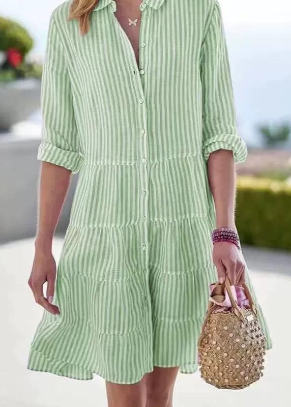 Sophie Paris® | Robe chemise mi-longue décontractée à rayures et manches longues