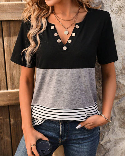 T-Shirt Casual Rayé Couleur Contrastée