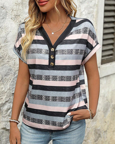 T-Shirt Col En V Trois Boutons Rayé