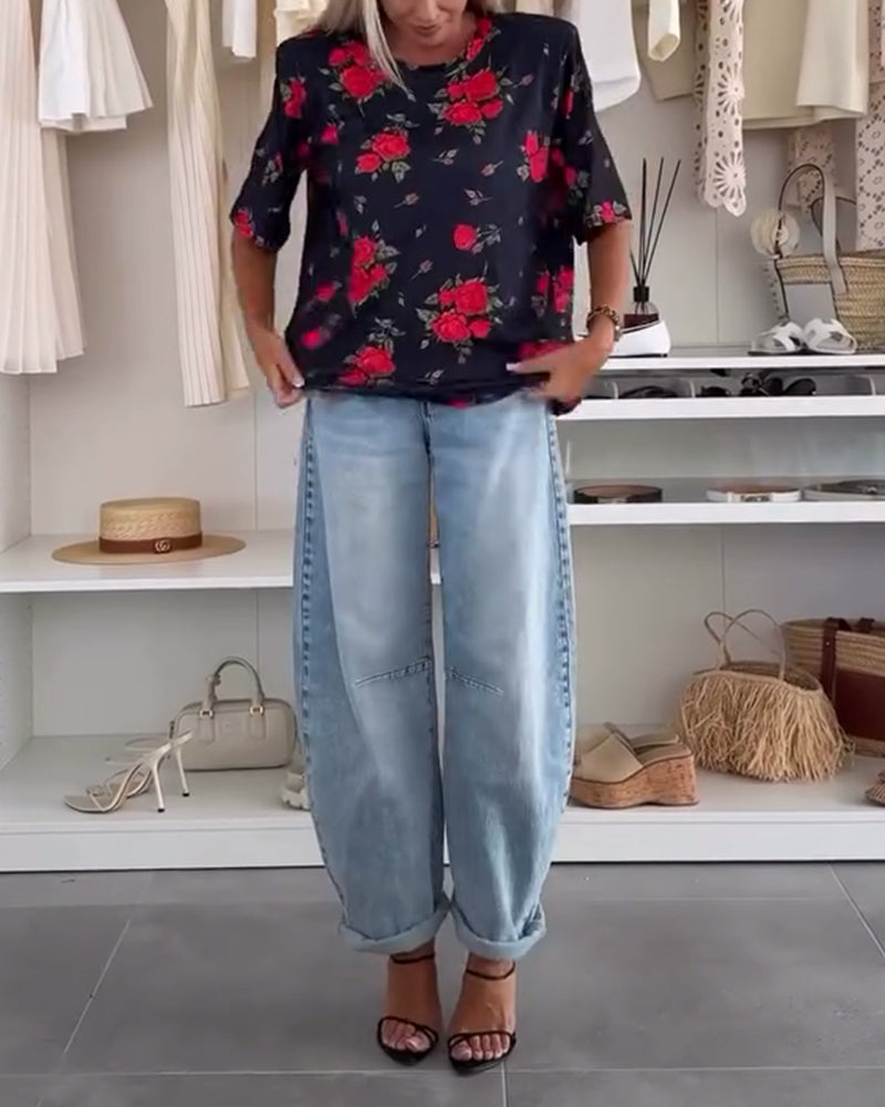 T-Shirt Col Rond Imprimé Florale Manches Courtes