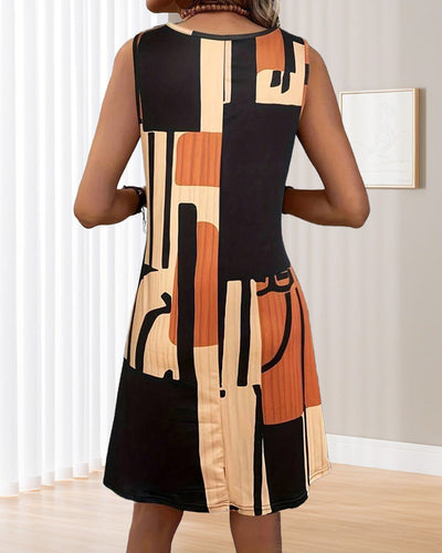 Robe Sans Manches Col Rond Imprimé Rétro