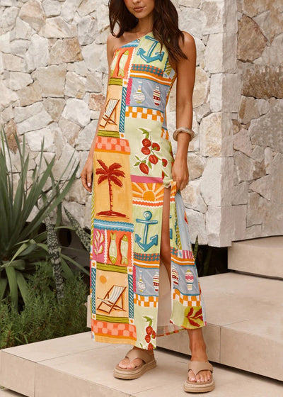 Sophie Paris® I Robe de vacances asymétrique sans manches en lin imprimé