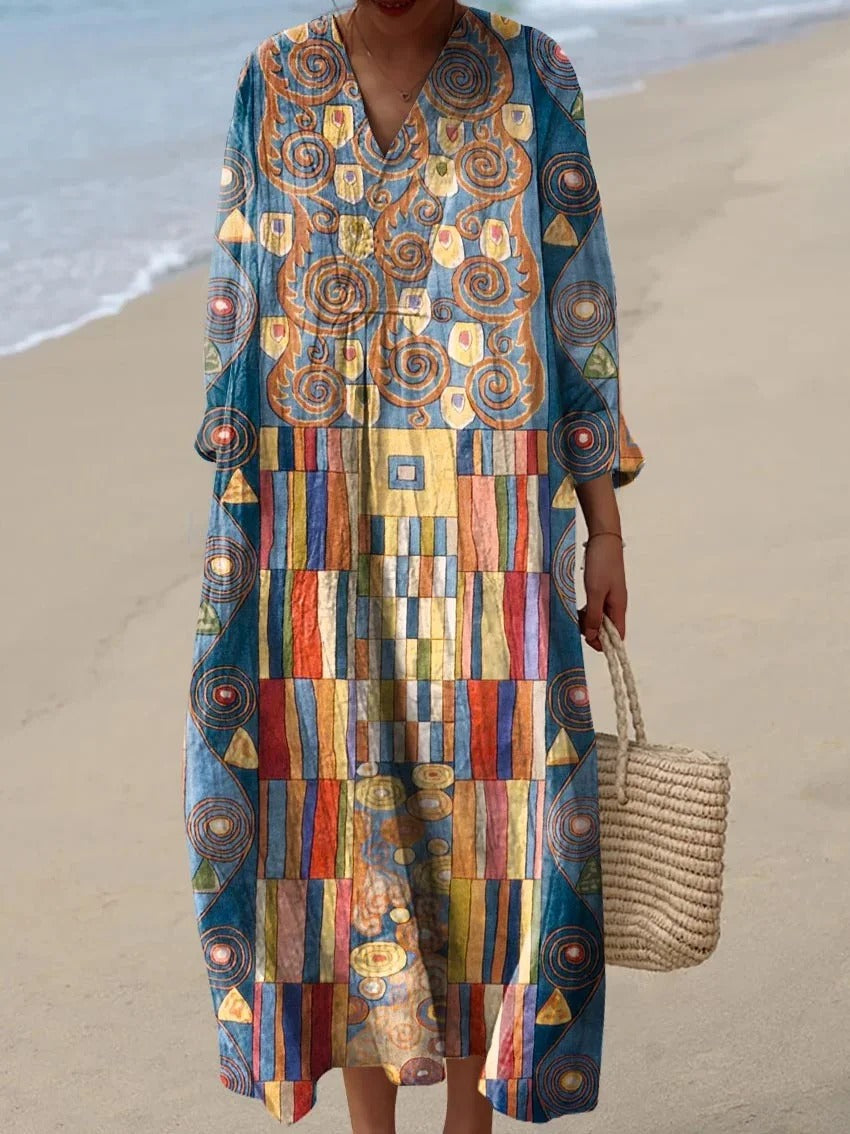 Robe portefeuille sans manches en coton avec imprimé artistique géométrique abstrait pour femmes