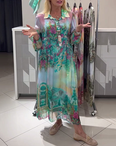 Robe Manches Lanterne Col Chemise Imprimée Longue