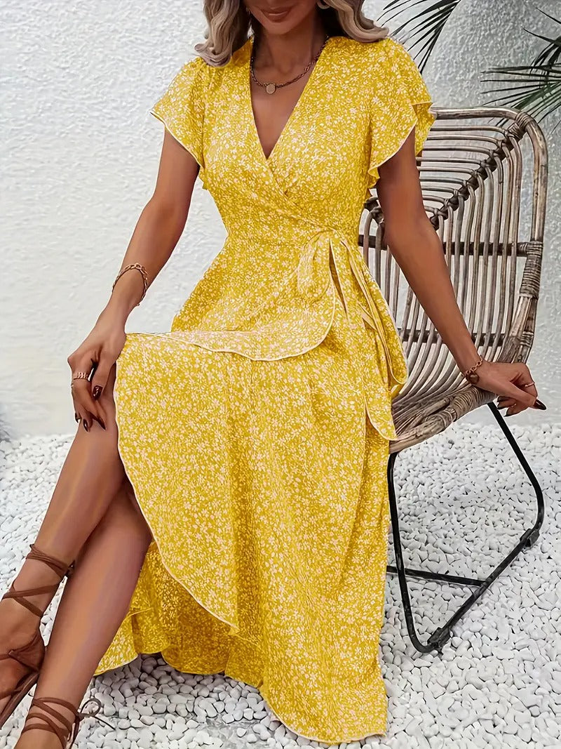 Robe mi-longue élégante à motifs floraux