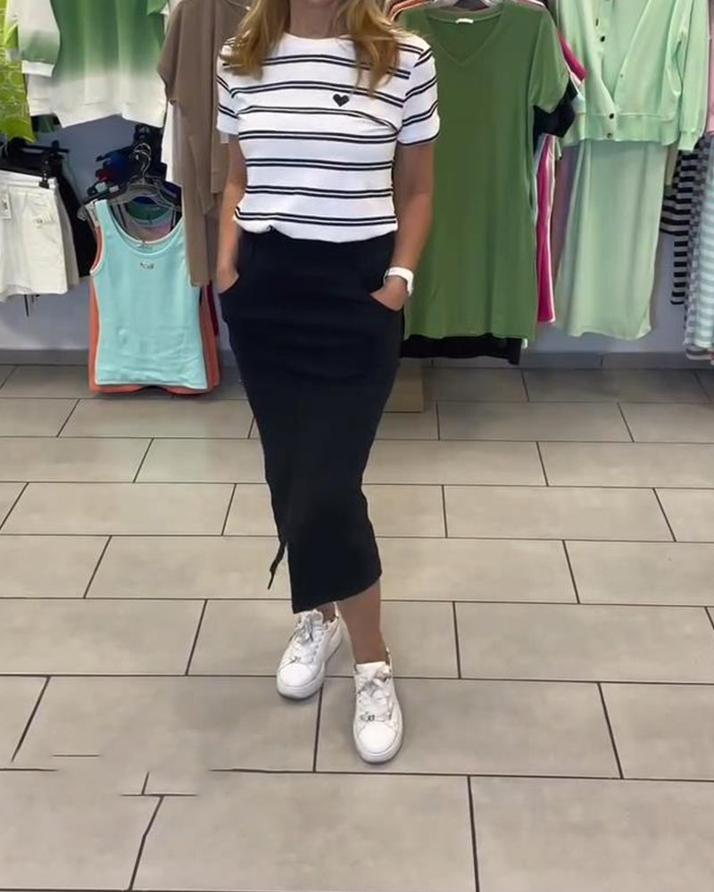 Set Col Rond Rayé Jupe Fendue