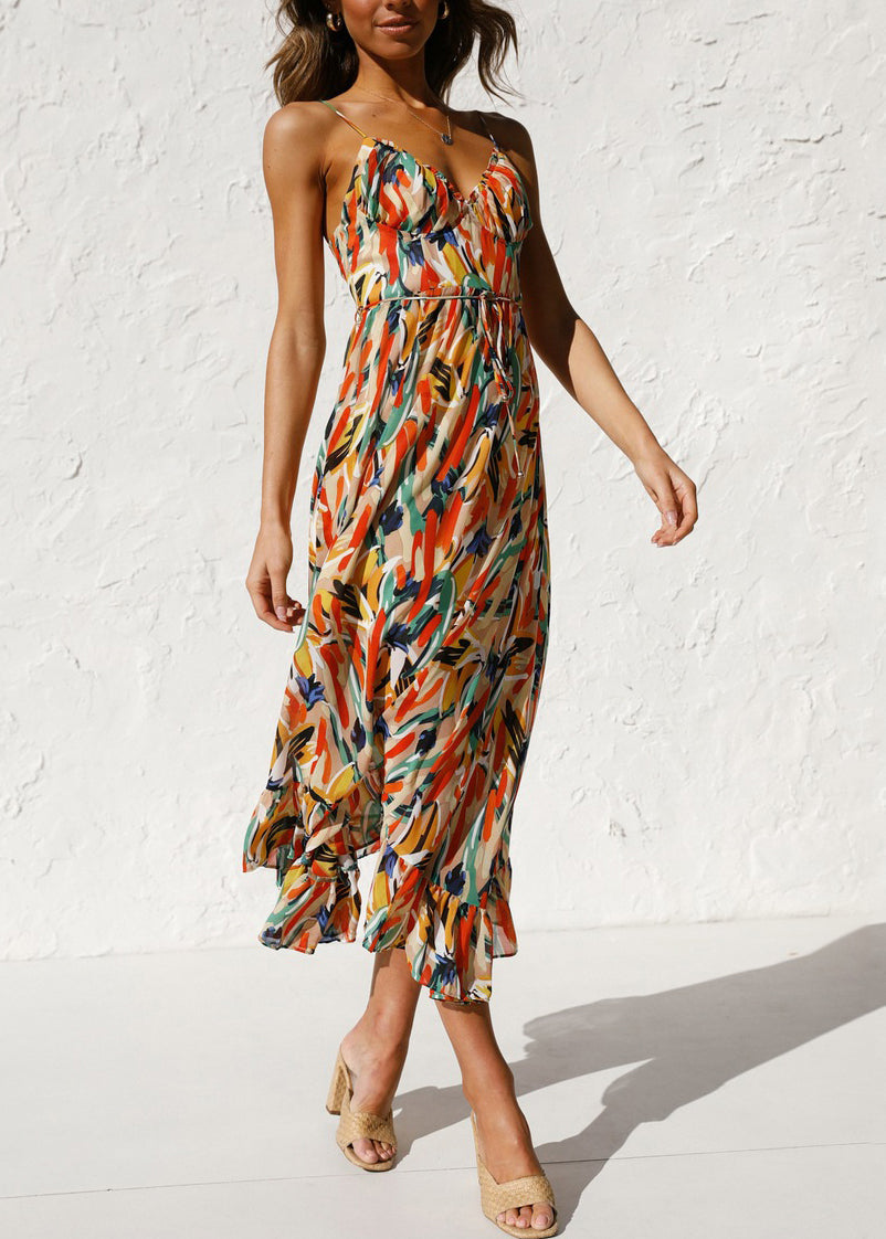 Sophie Paris® | Robe sans manches à bretelles spaghetti en coton orange à volants