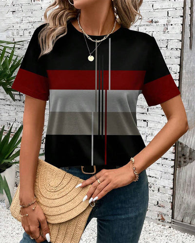 T-Shirt Col Rond Imprimé Géométrique Manches Courtes