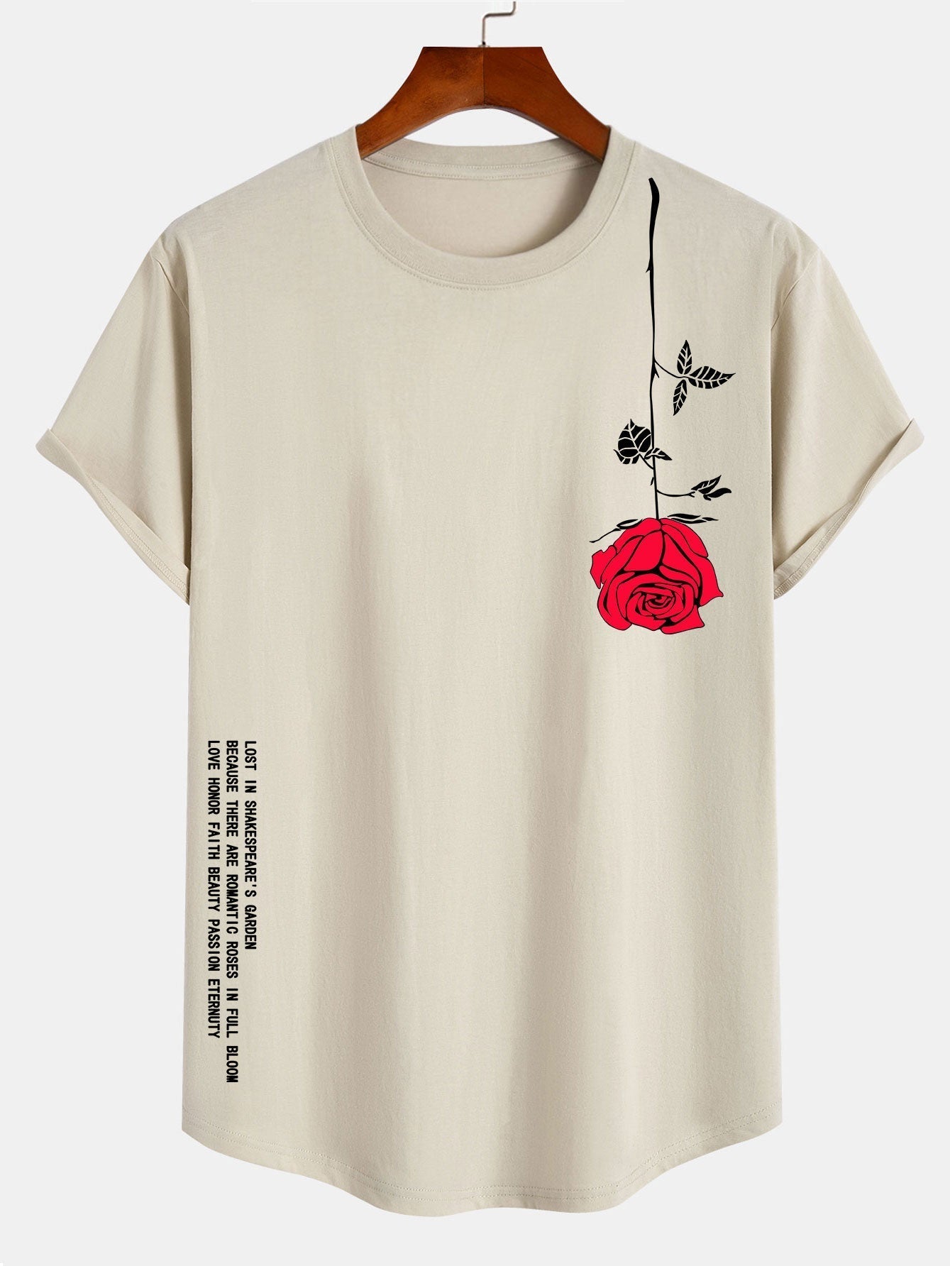 Rose Slogan Print Cotton Arc Hem T-Shirt