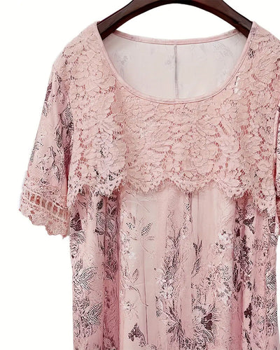 T-shirt Large Col Manches Courtes Dentelle Patchwork