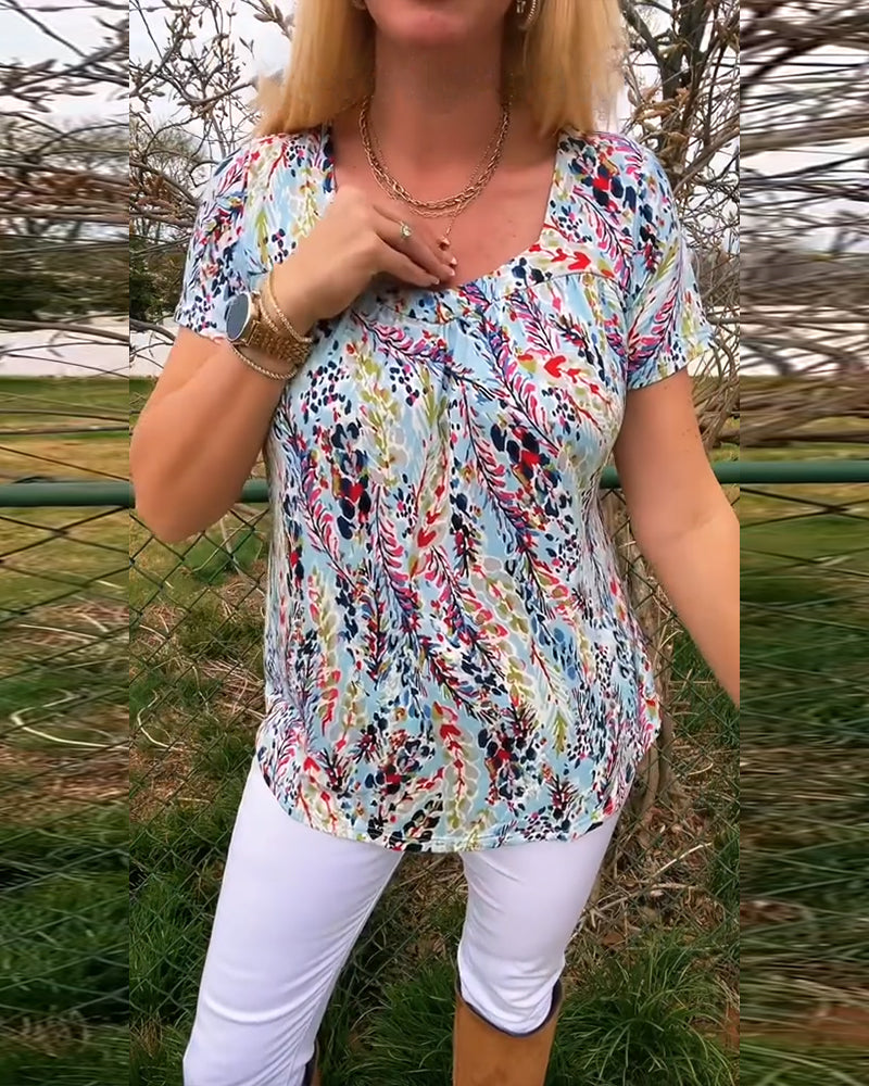 T-Shirt Col U Manches Courtes Imprimé