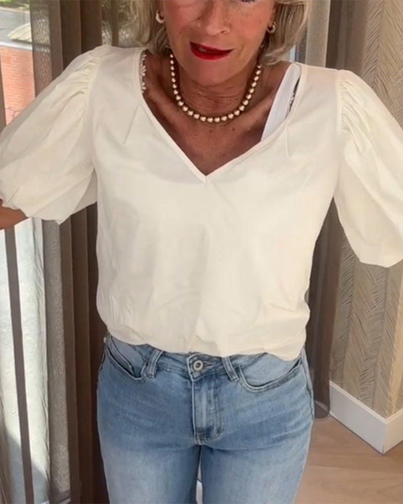 T-Shirt Manches Bouffantes Col En V