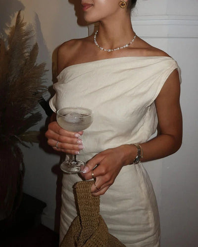 Robe tendance en coton et lin à épaules inclinées