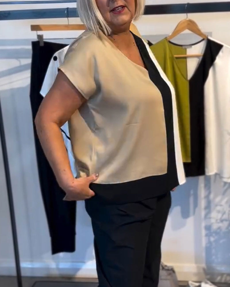 T-Shirt Col V Couleur Contrastée Mode