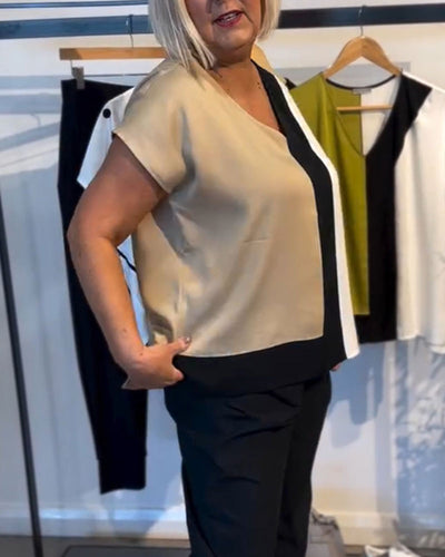 T-Shirt Col V Couleur Contrastée Mode