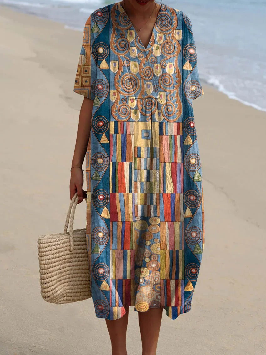 Robe portefeuille sans manches en coton avec imprimé artistique géométrique abstrait pour femmes