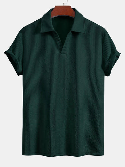 Short Sleeved V-Neck Ribbed Polo & Straight Leg Ribbed Pants
