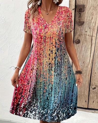 Robe Mi-longue à Col en V et Motif Abstrait Coloré