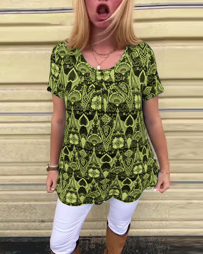 T-shirt décontracté rétro col rond imprimé