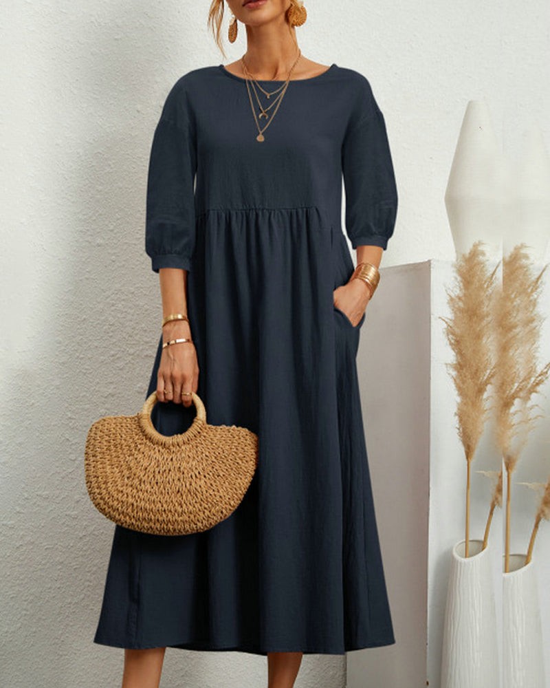 Robe Midi pour Femme avec Col Rond et Poches