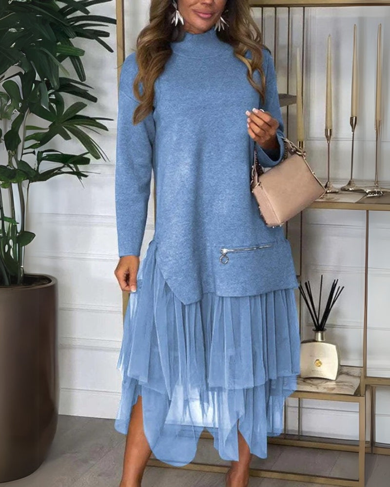 TAYLOR - Ensemble haut en maille à col roulé zippé et jupe ample élastique