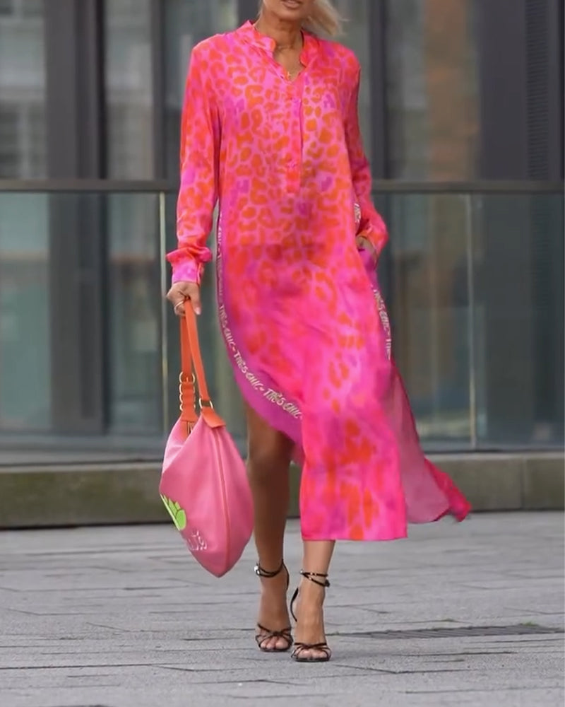 Robe Manches Longues Imprimé Léopard Fente