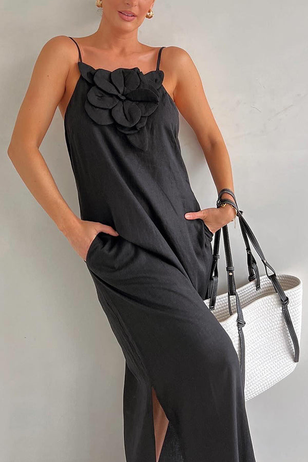 Sophie Paris® | Robe maxi fendue à poches ornée de motifs floraux en mélange de lin