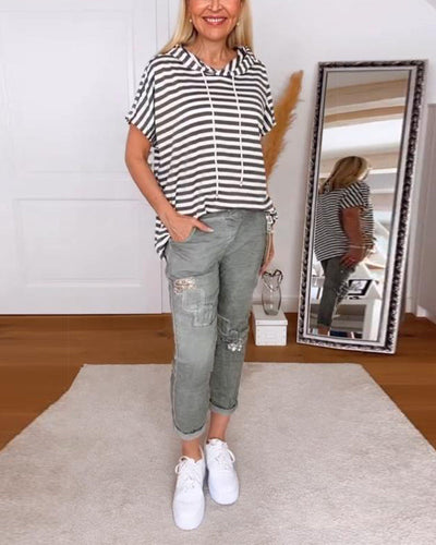 T-Shirt À Capuche Décontracté Rayé