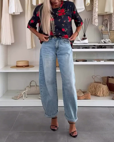 T-Shirt Col Rond Imprimé Florale Manches Courtes