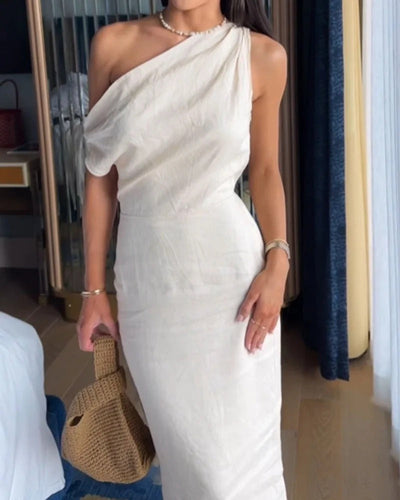 Robe tendance en coton et lin à épaules inclinées