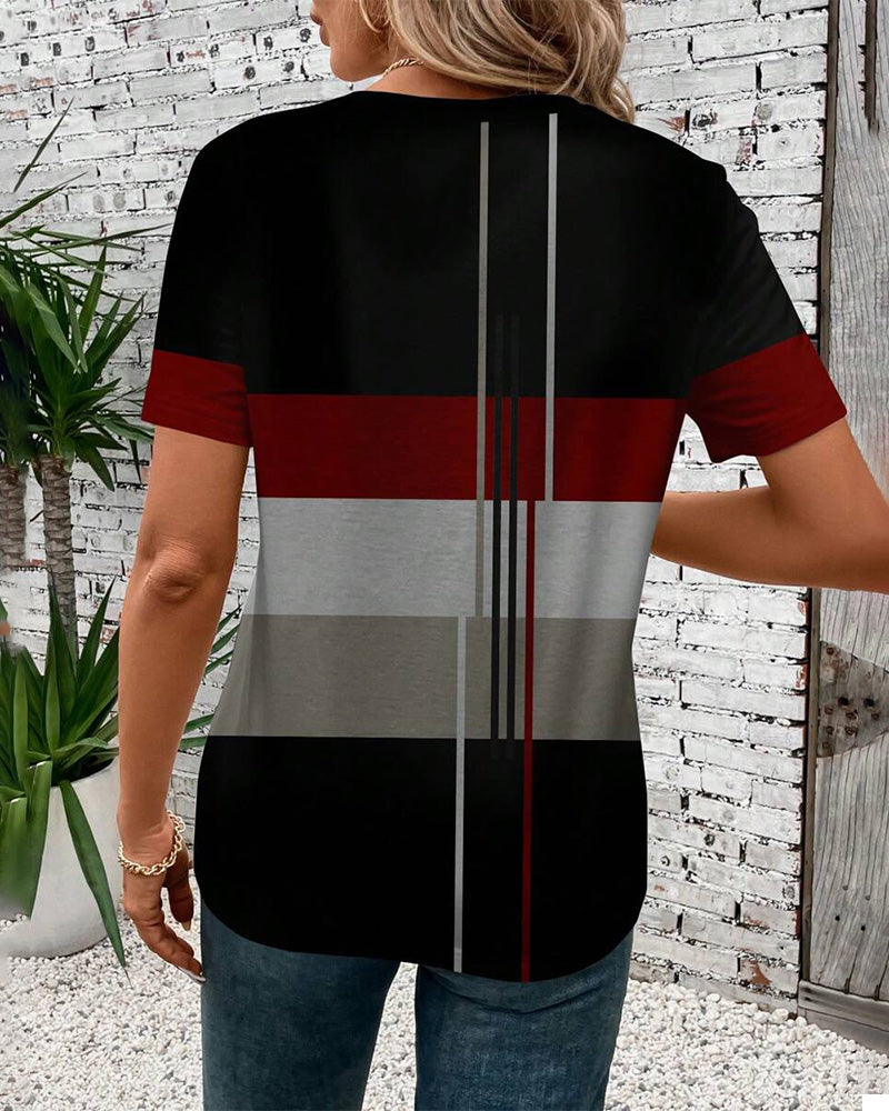 T-Shirt Col Rond Imprimé Géométrique Manches Courtes