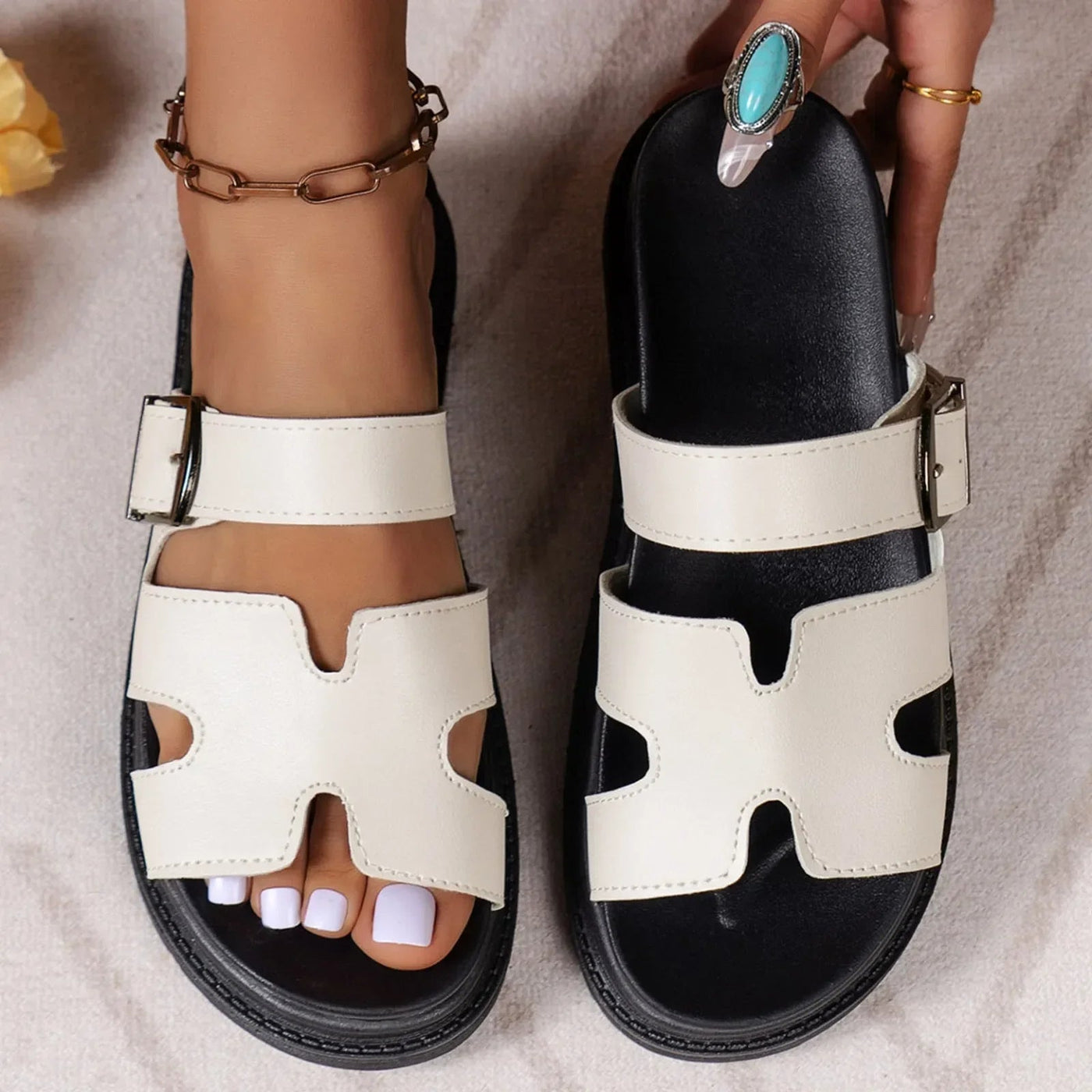 Sandales à brides en cuir véritable pour femmes