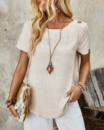 T-shirt Col Rond Coton Et Lin À Manches Courtes