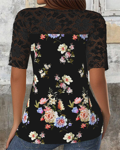 T-Shirt Mode Dentelle Patchwork Fleur