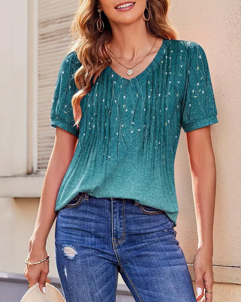 T-Shirt Col En V Décontracté Imprimé À Manches Courtes