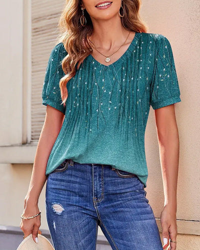 T-Shirt Col En V Décontracté Imprimé À Manches Courtes