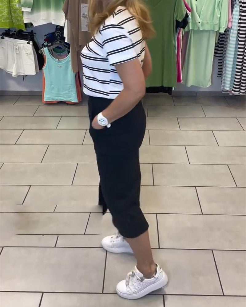 Set Col Rond Rayé Jupe Fendue