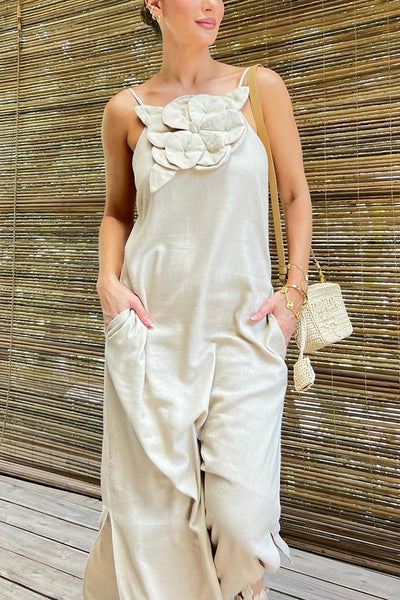 Sophie Paris® | Robe maxi fendue à poches ornée de motifs floraux en mélange de lin