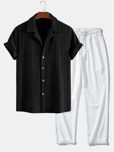 Texture Jacquard Cuban Shirt & Wrinkle Textured Straight Leg Pants