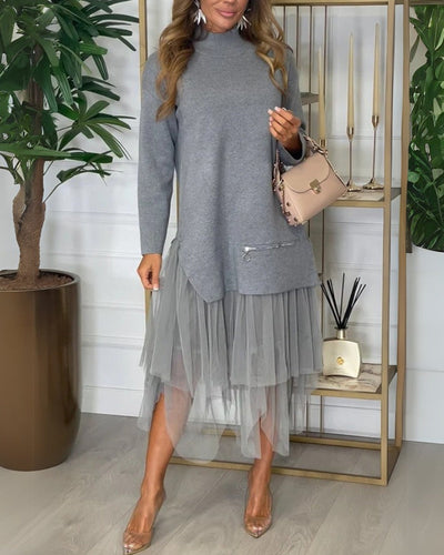 TAYLOR - Ensemble haut en maille à col roulé zippé et jupe ample élastique