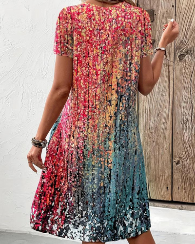 Robe Mi-longue à Col en V et Motif Abstrait Coloré