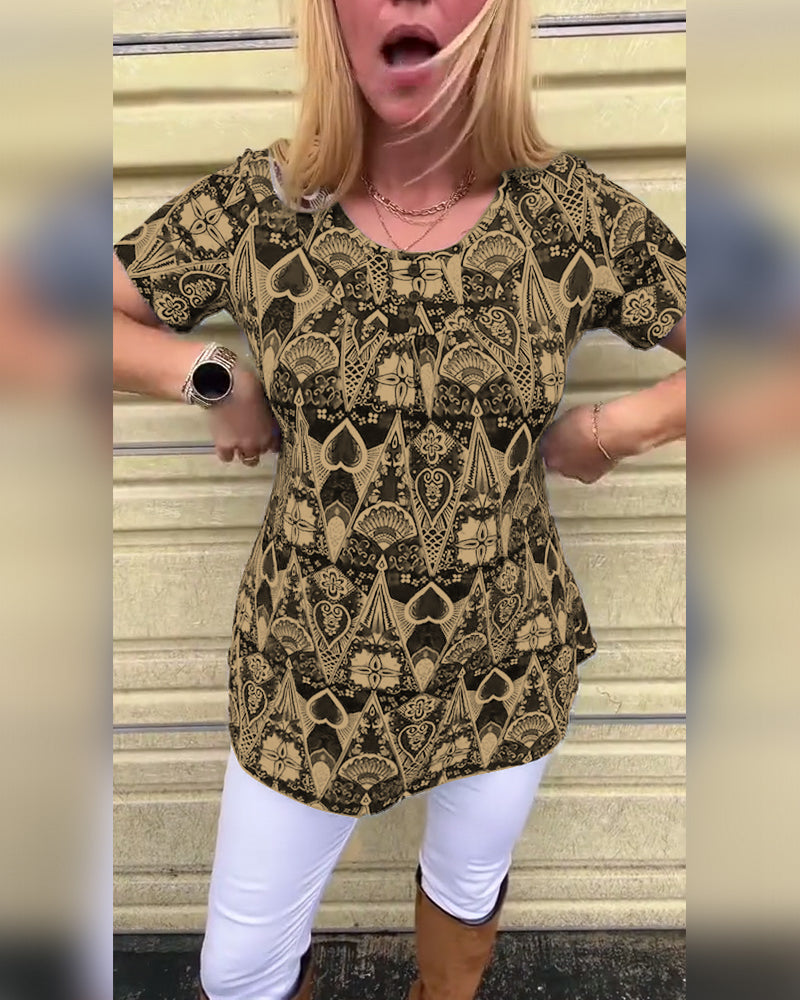 T-shirt décontracté rétro col rond imprimé