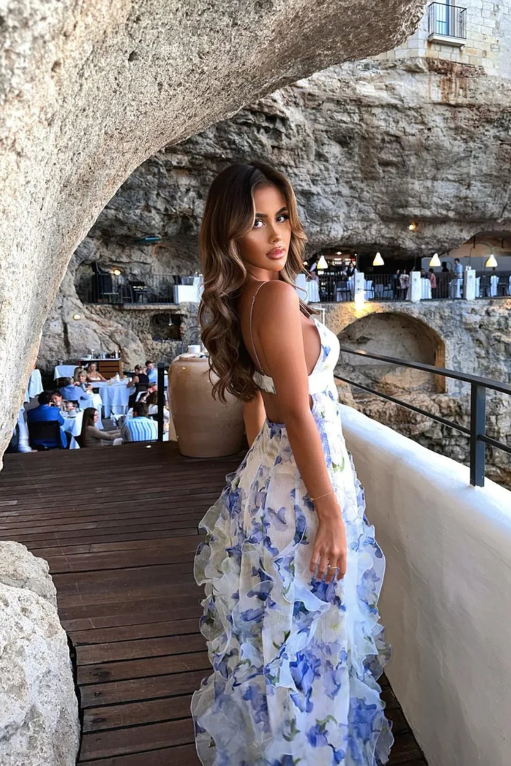 Robe longue pour femmes avec motifs floraux et volants