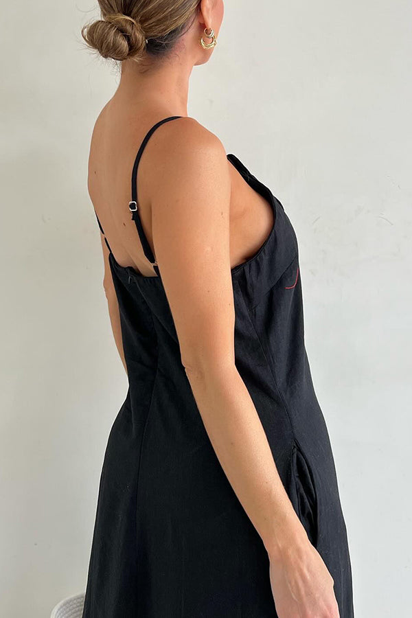 Sophie Paris® | Robe maxi fendue à poches ornée de motifs floraux en mélange de lin