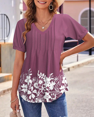 T-Shirt En V Plissé Imprimé