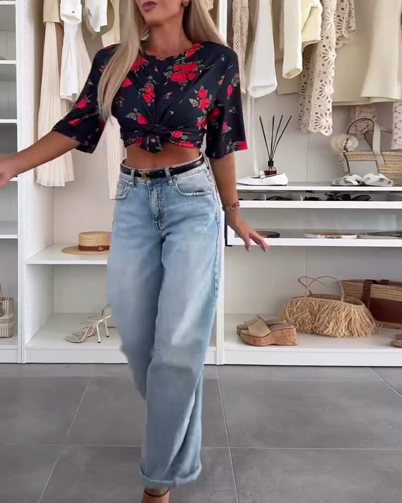 T-Shirt Col Rond Imprimé Florale Manches Courtes