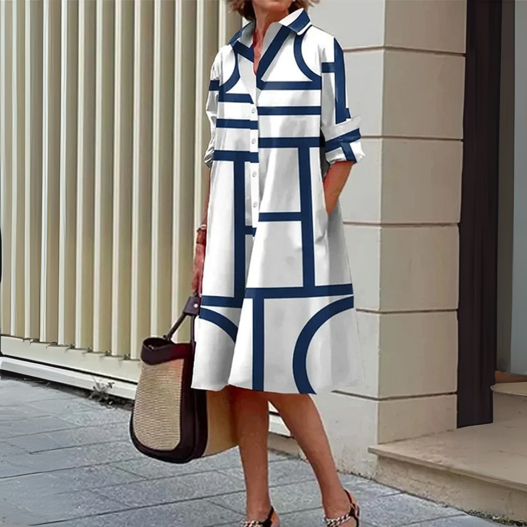 Robe Midi Femme Blanche à Motifs Géométriques