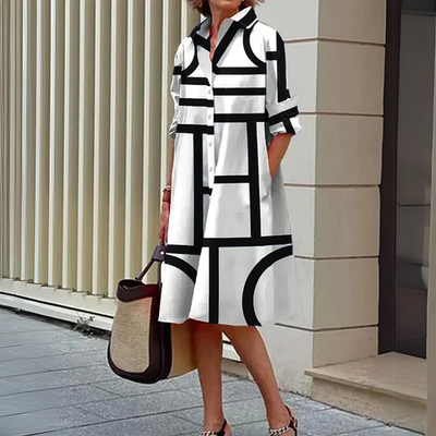 Robe Midi Femme Blanche à Motifs Géométriques