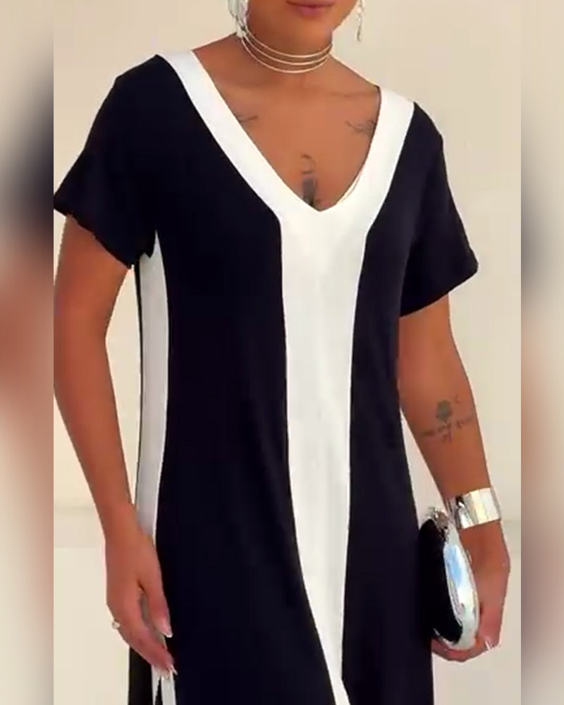 Robe Tempérament Col V Couleur Contrastée