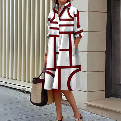 Robe Midi Femme Blanche à Motifs Géométriques